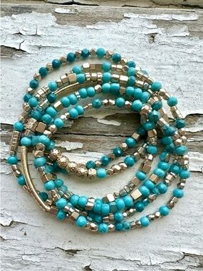 Turquoise and Gold Beaded Multi-Strand Wrap Bracelet - Women Jewelry